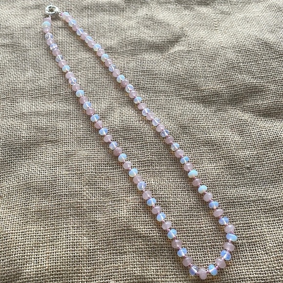 Necklace Opal & Pink Jade Stone Quartz hand made Knotted one of a kind New Beads - Picture 7 of 14